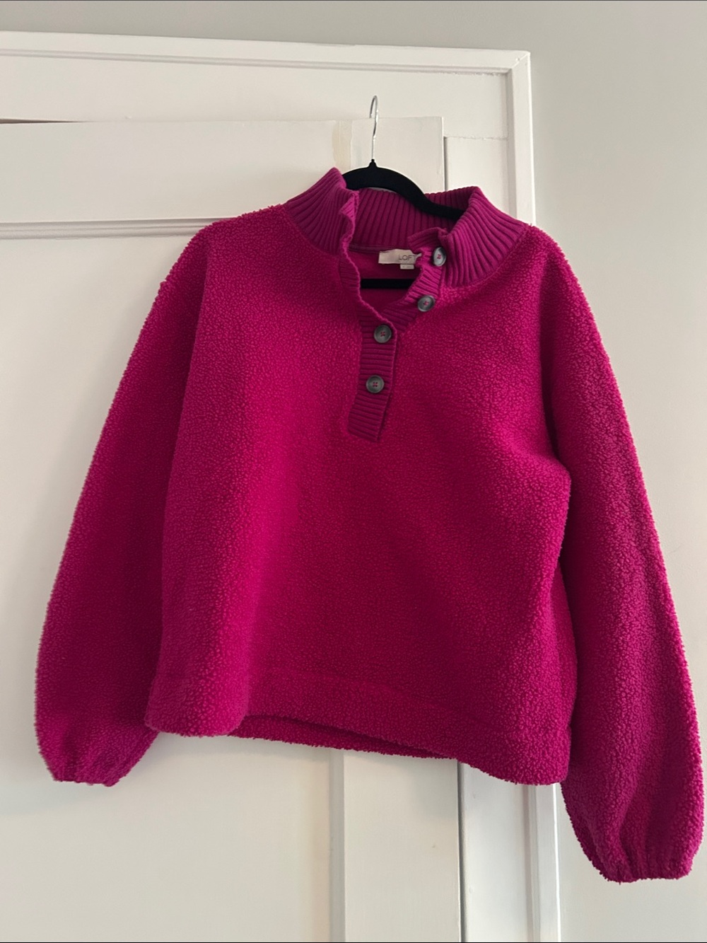 Women's Fuchsia Button-Front Pullover Sherpa Sweater